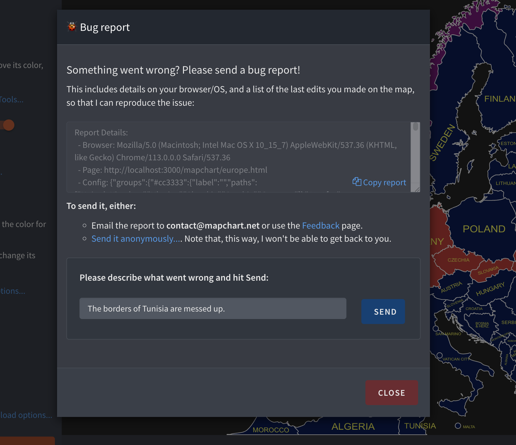 Reporting a bug on the map pages.
