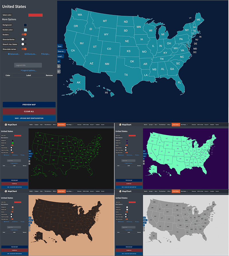 The 5 extra map themes that come with the Plus version shown on a US states map.